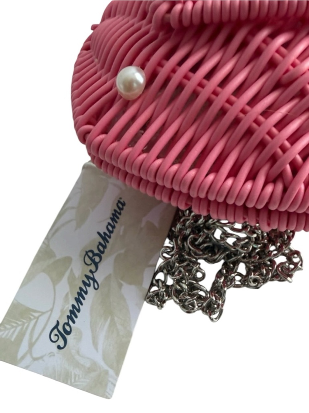Tommy Bahama Pink Woven Wicker Pink Fish Crossbody Purse Clear Bead Bag - Picture 2 of 7